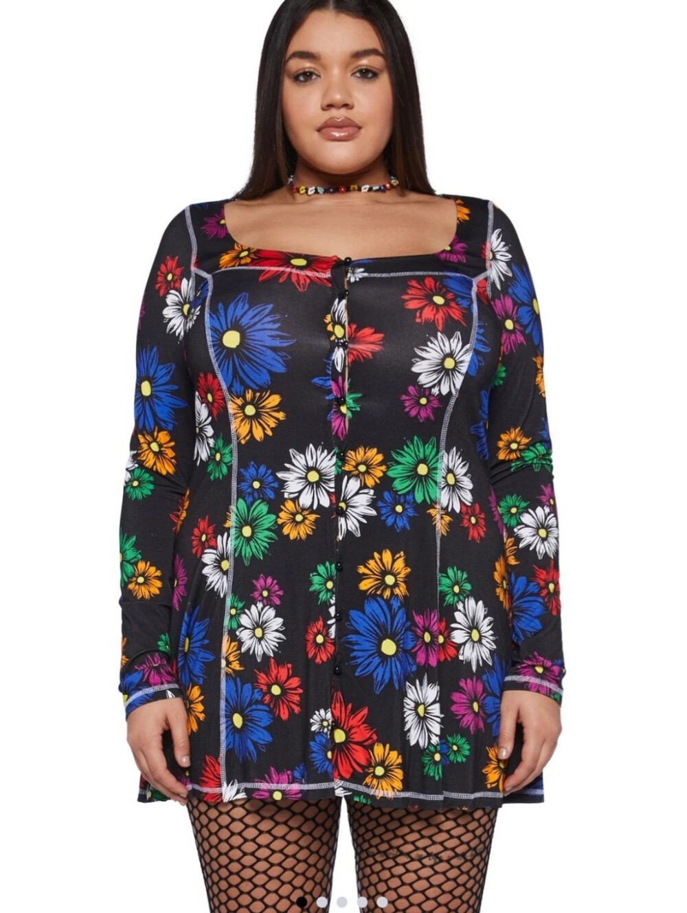 NWT Dolls Kill 1X Black Floral Scoop Neck Long Sleeve Mini Dress
